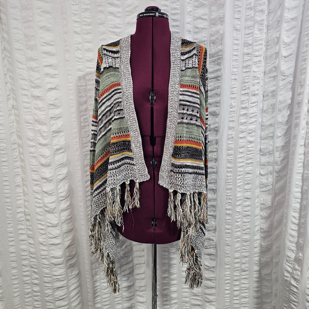 Poof! Striped Fringe Knit Cardigan Multicolor Aztec Western Cotton Blend Womens
